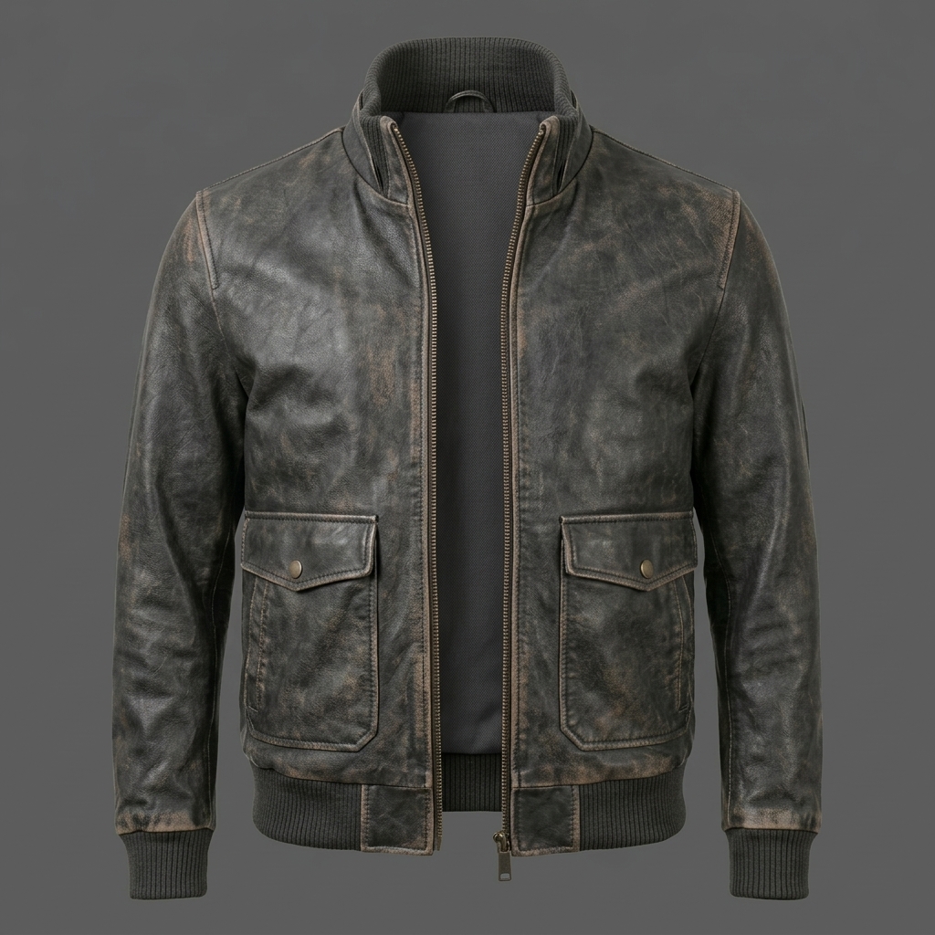 Men’s Vintage Weathered Charcoal Grey Leather Bomber Jacket
