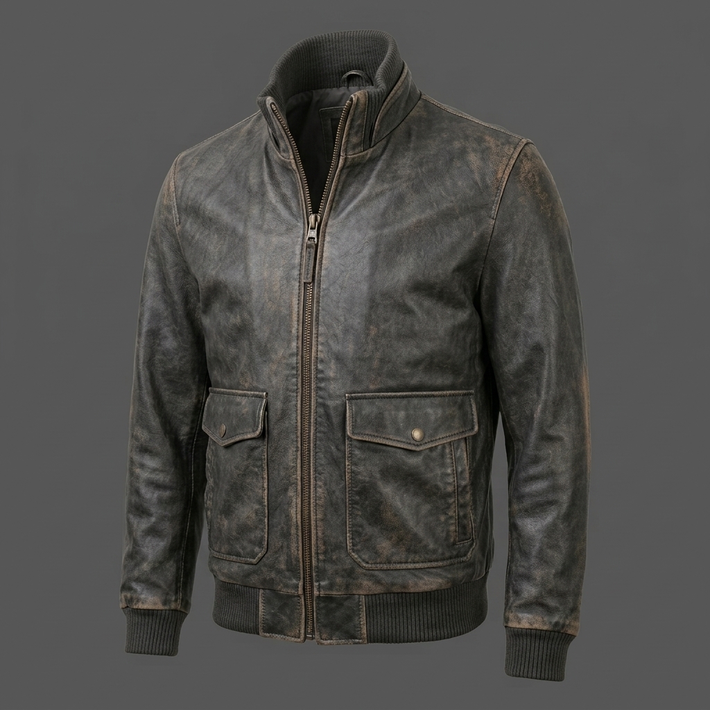 Men’s Vintage Weathered Charcoal Grey Leather Bomber Jacket