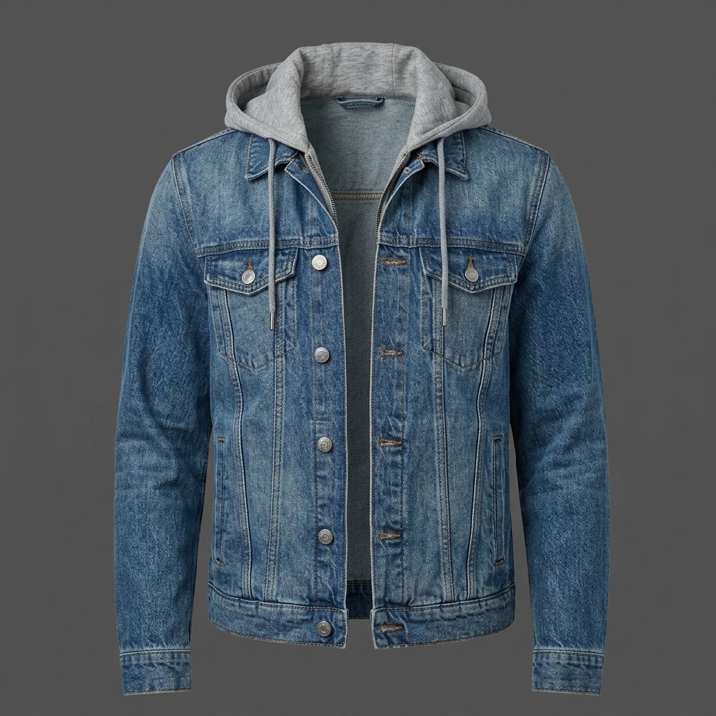 Men’s Blue Denim Jacket with Grey Hood Men’s Blue Denim Jacket with Grey Hood