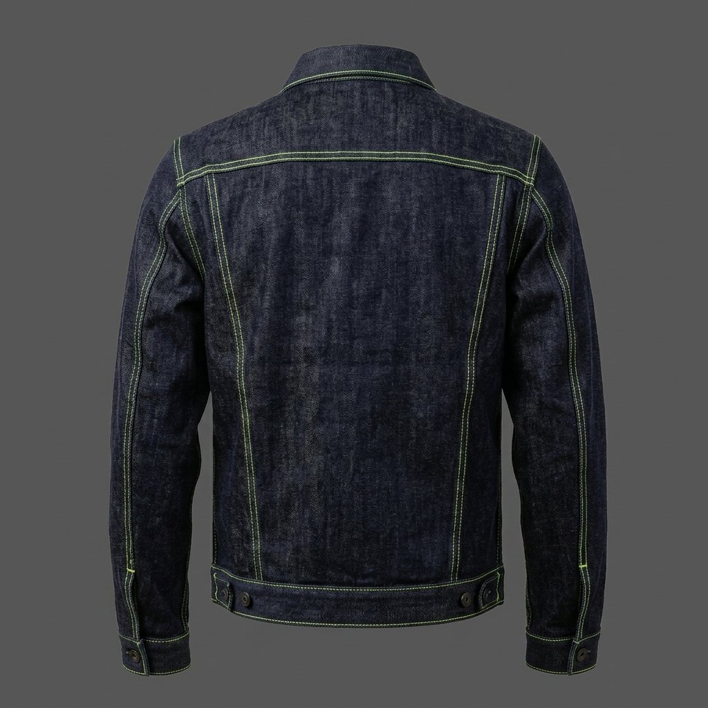Men’s Dark Blue Denim Jacket with Neon Green Stitching Men’s Dark Blue Denim Jacket with Neon Green Stitching