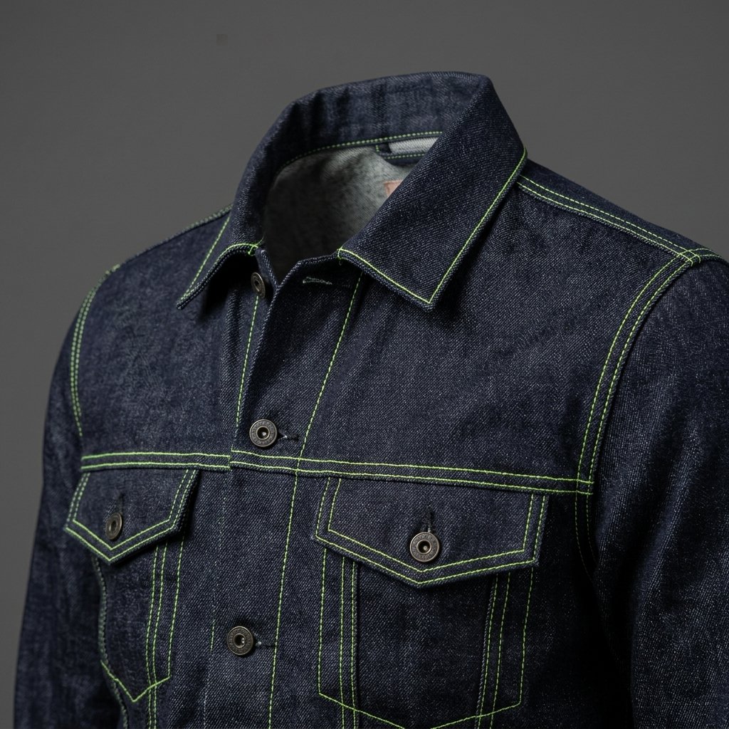 Men’s Dark Blue Denim Jacket with Neon Green Stitching Men’s Dark Blue Denim Jacket with Neon Green Stitching