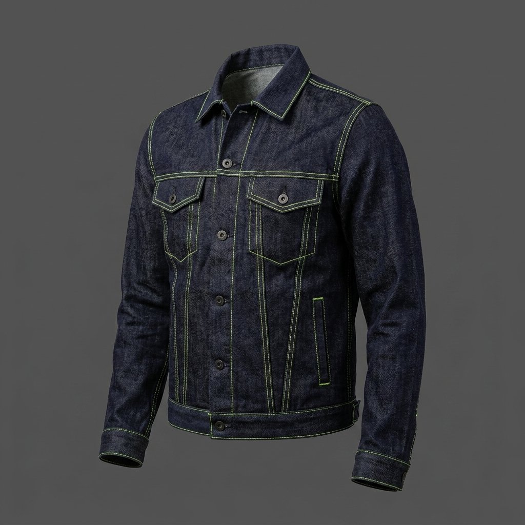 Men’s Dark Blue Denim Jacket with Neon Green Stitching Men’s Dark Blue Denim Jacket with Neon Green Stitching