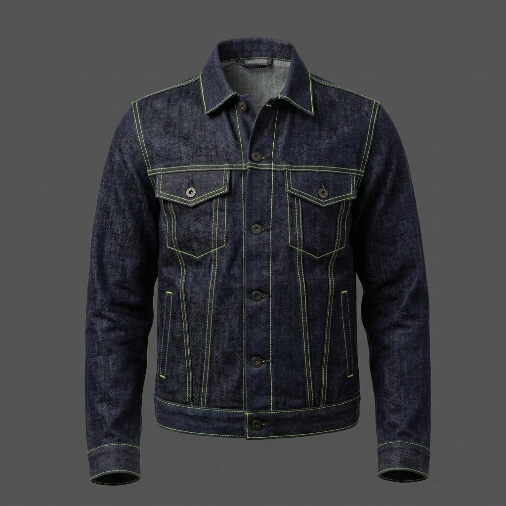 Men’s Dark Blue Denim Jacket with Neon Green Stitching Men’s Dark Blue Denim Jacket with Neon Green Stitching