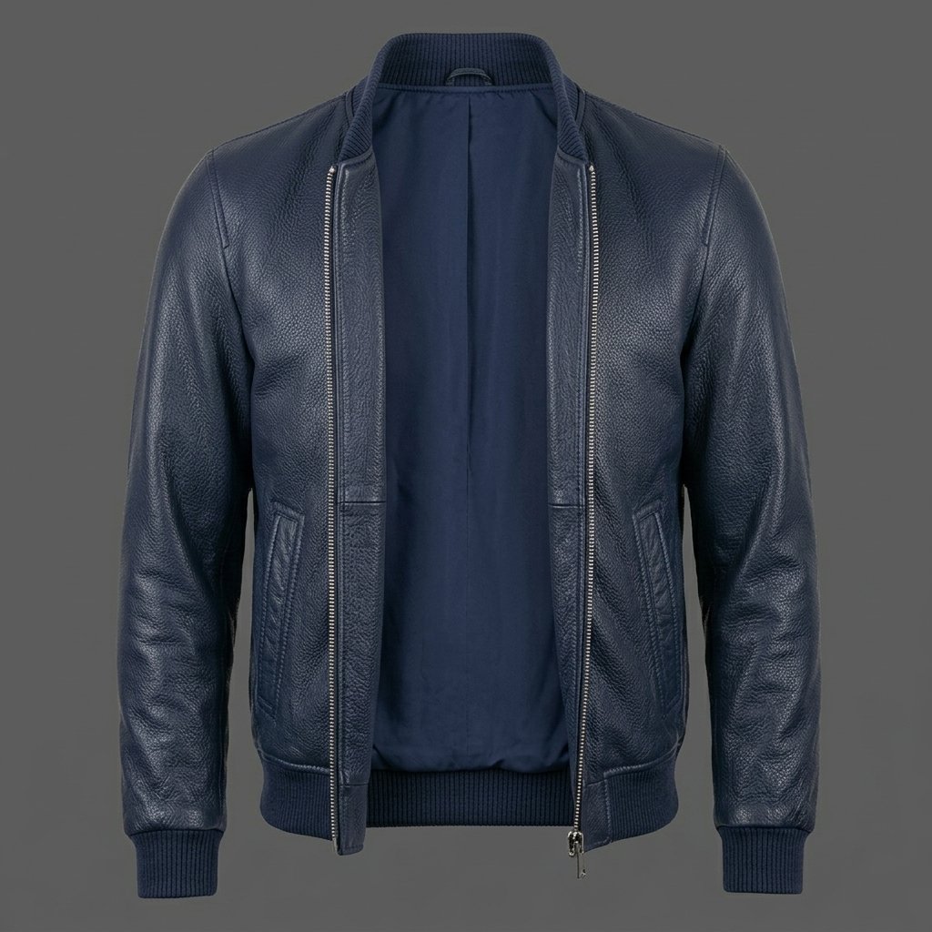 Men’s Navy Blue Soft Grain Leather Bomber Jacket Men’s Navy Blue Soft Grain Leather Bomber Jacket