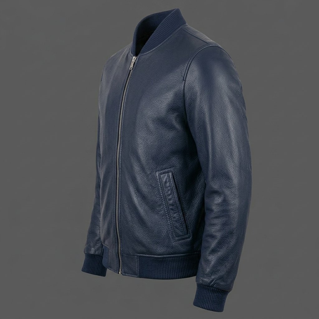 Men’s Navy Blue Soft Grain Leather Bomber Jacket Men’s Navy Blue Soft Grain Leather Bomber Jacket