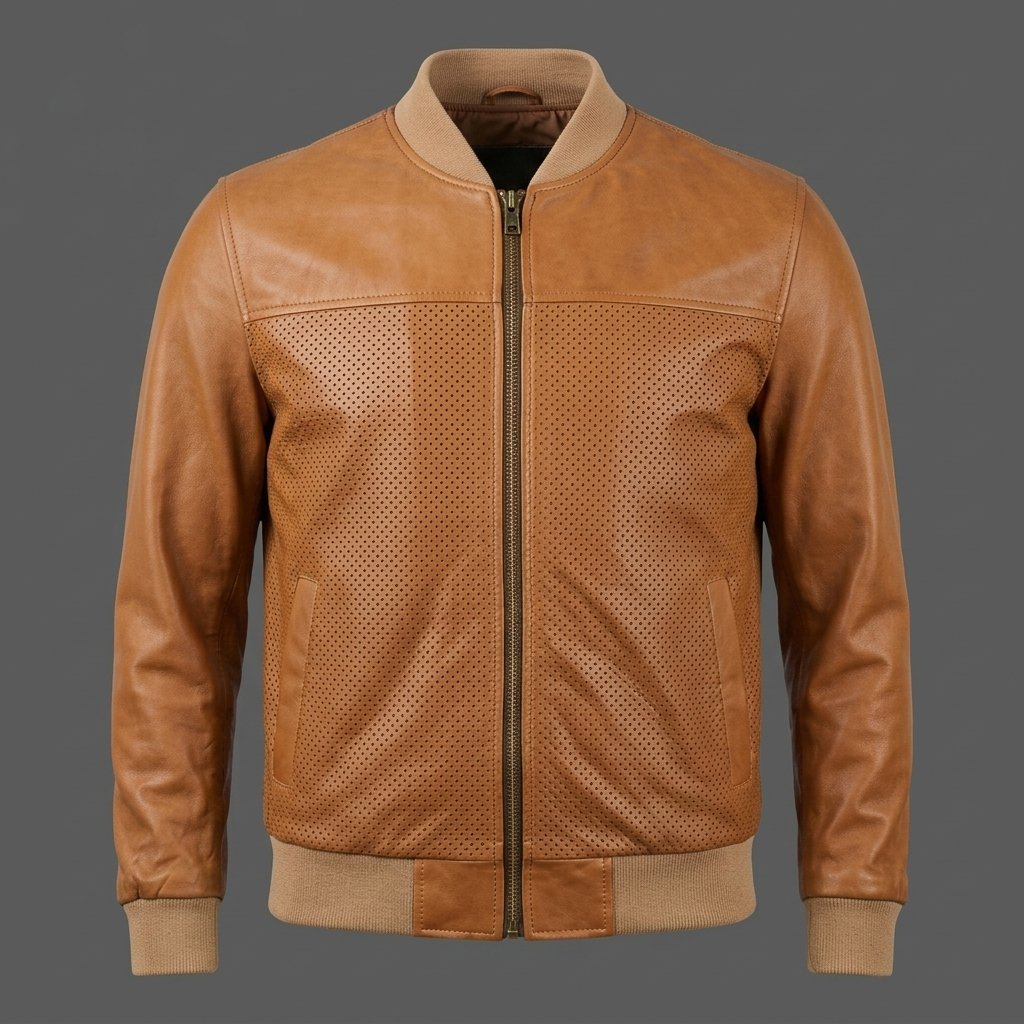 Men’s Tan Perforated Leather Bomber Jacket