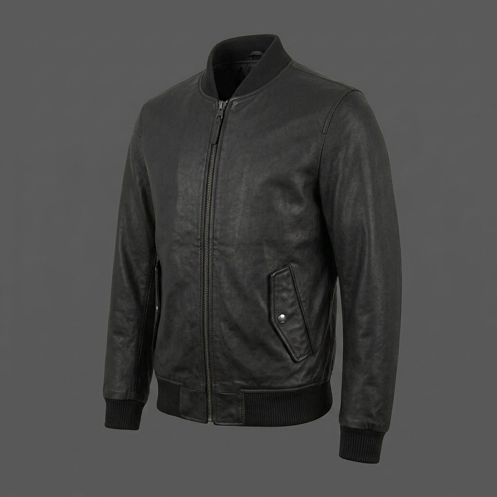 Men’s Black Distressed Leather Bomber Jacket