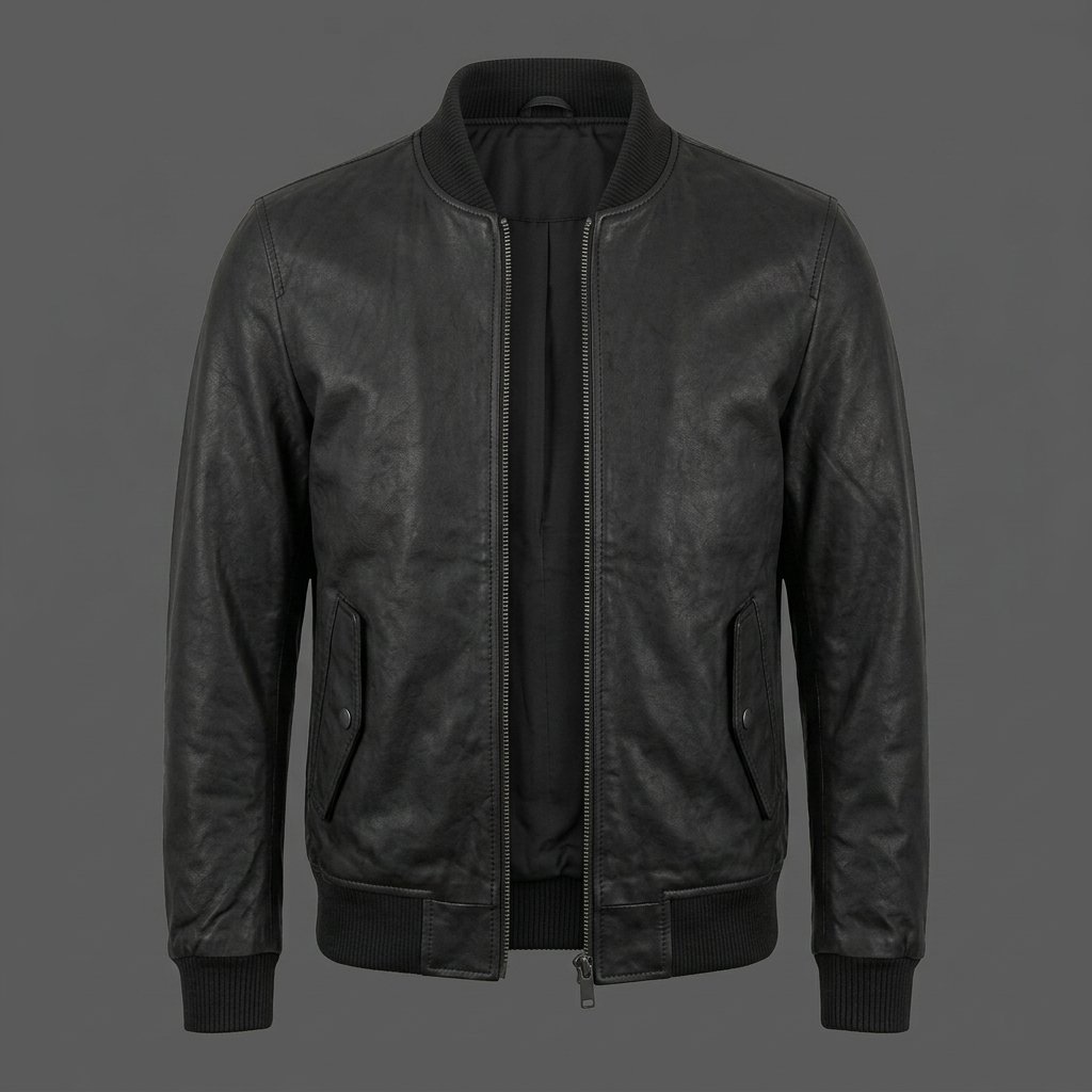 Men’s Black Distressed Leather Bomber Jacket