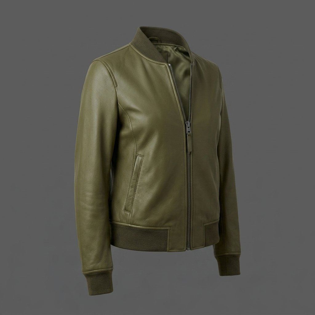Men’s Olive Green Leather Bomber Jacket