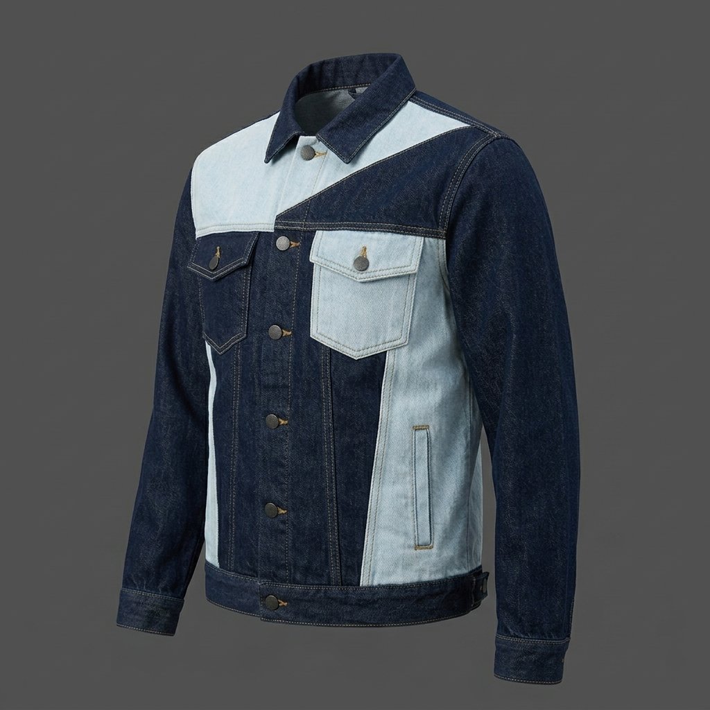 Patchwork_denim_jacket_displayed_202608150627 Men’s Two-Tone Patchwork Blue Denim Jacket